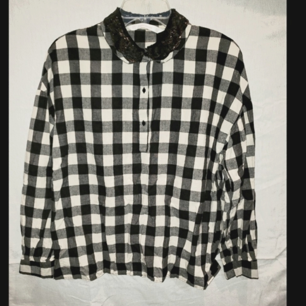 Zara navy and cream plaid top with sequin collar size S Small
